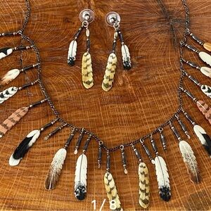 Vintage Hand Carved/Painted Buffalo Bone Feathers Necklace & Earrings